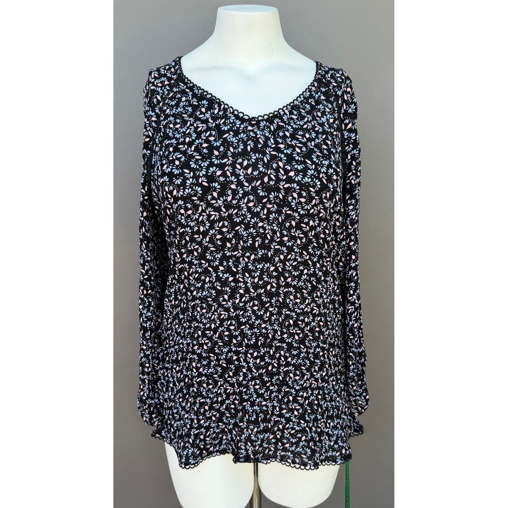 Westport Floral Blouse XL Black Blue V-Neck‎ Crochet Trim Rayon Boho Top Cottage